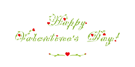 Lettering Happy Valentine's Day, flower stems with red hearts, Valentines day greeting cardのイラスト素材