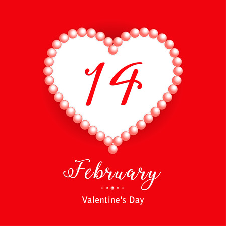 14 February, calendar date in heart with pearl on red background, Valentines Day greeting card, Happy Valentine's Dayのイラスト素材