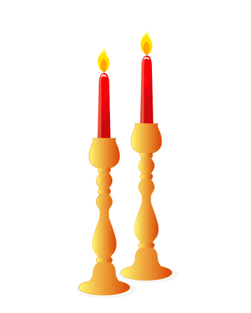 Two candlesticks with burning candles, isolated illustration on white backgroundのイラスト素材