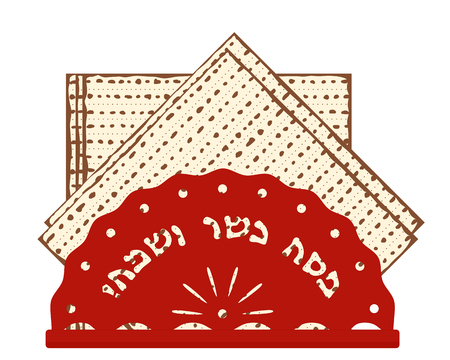 Jewish holiday of Passover, matzah or matzo, unleavened bread for Pesah, greeting inscription in hebrew - Happy and Kosher Passoverのイラスト素材