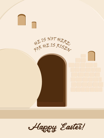 Holiday of Easter, Resurrection of Jesus Christ, Empty Stone Tomb, Garden Tomb in Jerusalem, Israel, quotation from the Bible: He is not here: for he is risen, greeting inscription - Happy Easterのイラスト素材