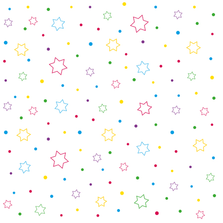 Colorful six-pointed stars and polka dot seamless pattern, colored Stars of David and confetti on white backgroundのイラスト素材