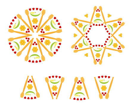 Rosh Hashanah, Jewish New Year, rosettes with traditional holiday symbolic, apple slices and pomegranate seeds, honey dippers and honeycomb, design elements for Rosh Hashanahのイラスト素材