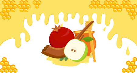 Rosh Hashanah, Jewish New Year, greeting banner with apple, pomegranate, honey pot with honey dipper and shofar, Jewish holiday symbols on honey backgroundのイラスト素材