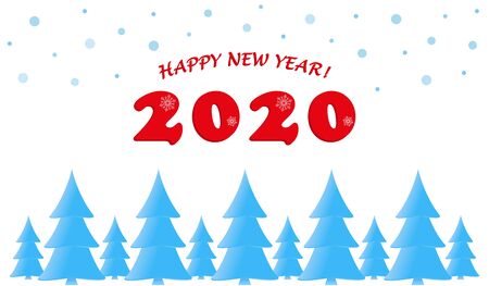 Happy New Year, greeting card with red numbers 2020, greeting inscription, blue spruce trees on white backgroundのイラスト素材