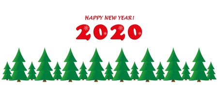 Happy New Year, greeting banner with red numbers 2020, greeting inscription, green spruce trees on...