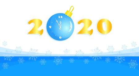 Happy New Year, greeting card with gold numbers 2020 and Christmas ball clock, blue ball with a clock and snowflakesのイラスト素材