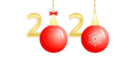 Happy New Year 2020, greeting banner with gold numbers, red Christmas balls with a snowflake, isolated on white backgroundのイラスト素材
