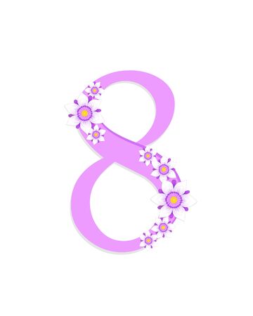 8 March, Happy women's day, spring holiday, pinkish-violet number 8, lilac-white flowers, isolated on white background. Vector illustration, design element for greeting cardのイラスト素材