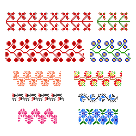 set of pixel ornament elements, ukrainian national floral patternsのイラスト素材