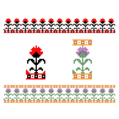 set of pixel ornament elements, decorative border with flower symbolのイラスト素材