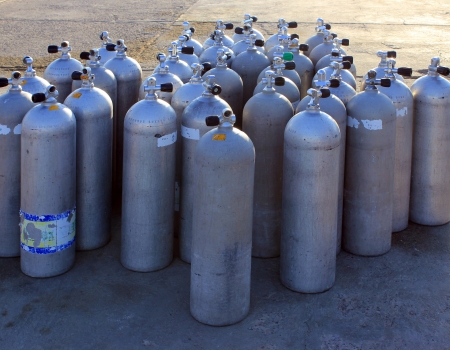 Scuba air tanks with valves の写真素材