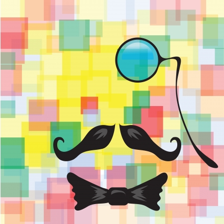 colorful illustration with abstract vintage silhouette of monocle, mustaches and a bow tie  for your designのイラスト素材