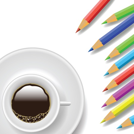colorful illustration with coffee cup and pencils on a white backgroundのイラスト素材