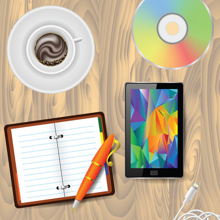 colorful illustration work place with cup of coffee, smart phone on wood backgroundのイラスト素材