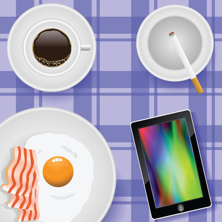 colorful illustration  breakfast with eggs and bacon on the tableのイラスト素材