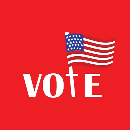 colorful illustration with vote text and american flag on a red  backgroundの写真素材