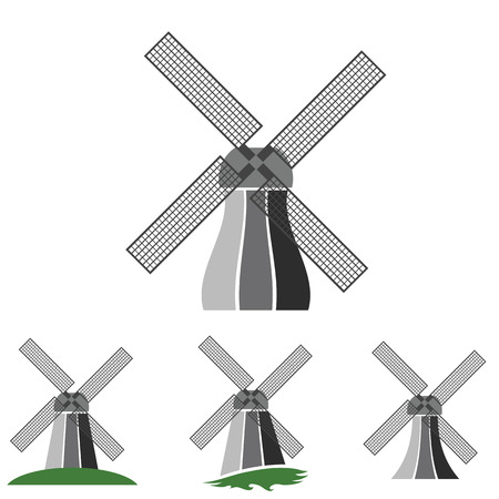 illustration  with windmill silhouettes set  on white backgroundのイラスト素材
