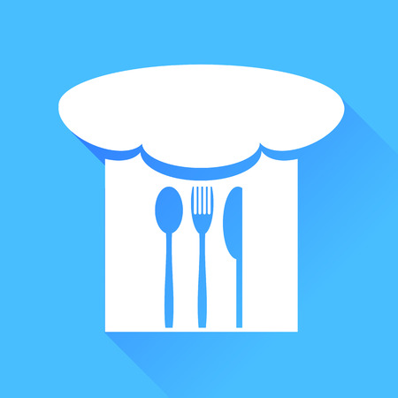 Spoon, Fork, Knife and Chef Hat Isolated on Blue Backgroundのイラスト素材