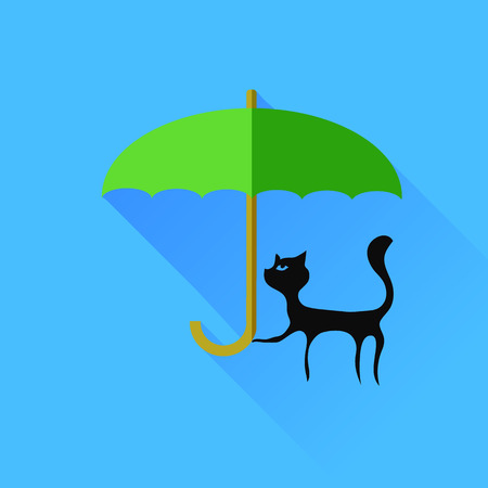 Black Cat and Green Umbrella Isolared on Blue Background.のイラスト素材