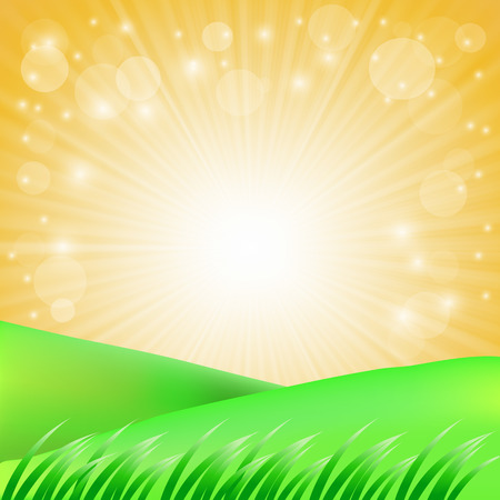 Summer Landscape. Green Grass Green Hills on Sun Background.のイラスト素材