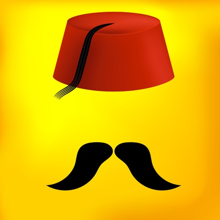 Red Turkish Hat with Black Mustaches on Yellow Backgroundのイラスト素材