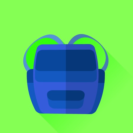 Blue Backpack Isolated on Green Background. Long Shadow.の写真素材