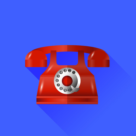 Old Classic Red Phone Icon Isolated on Blue Backgroundの写真素材