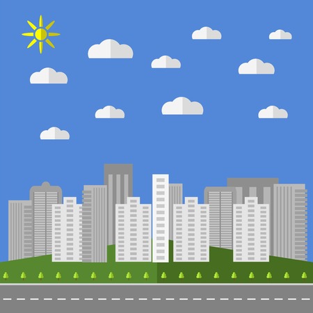 City Background. Architectural Building in Panoramic View.  Urban Landscape and City Life. Flat Design.のイラスト素材