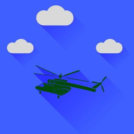 Green Helicopter Silhouette on Blue Sky Background. Long Shadowのイラスト素材