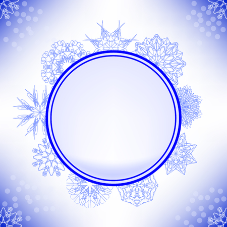 Winter Snow Label on Blue Background. Glossy Snow Flake Sticker for Christmasのイラスト素材