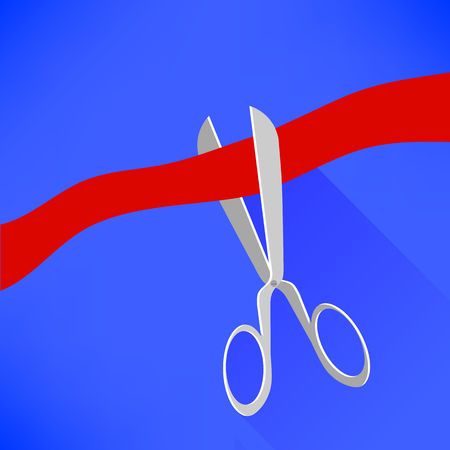 Scissors Cutting Red Ribbon on Blue Background. Long Shadow.のイラスト素材