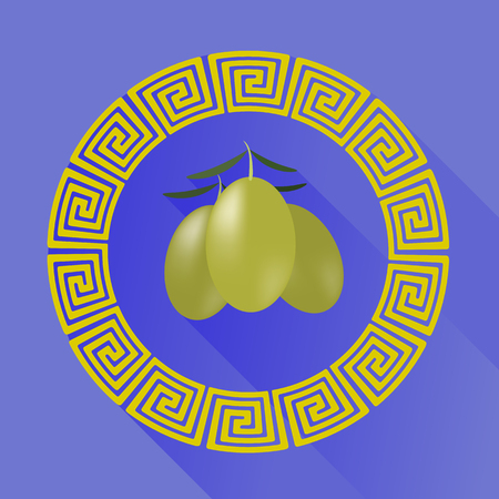 Green Olives in Greek Circle Frame Isolated on Blue Background. Long Shadowのイラスト素材