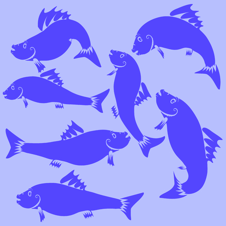 Fish Blue Silhouettes Isolated on Blue Backgroundのイラスト素材