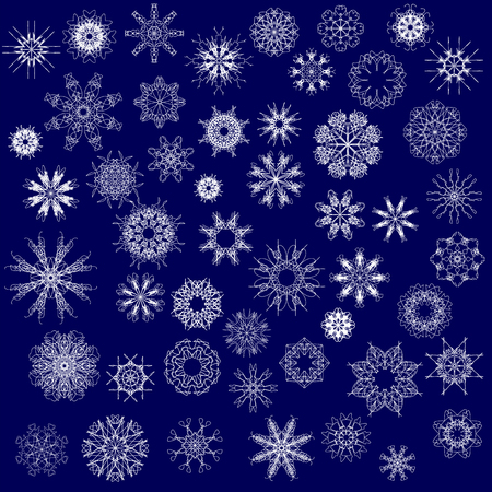 Set of Different Winter Snowflakes Isolated on Blue Backgroundのイラスト素材