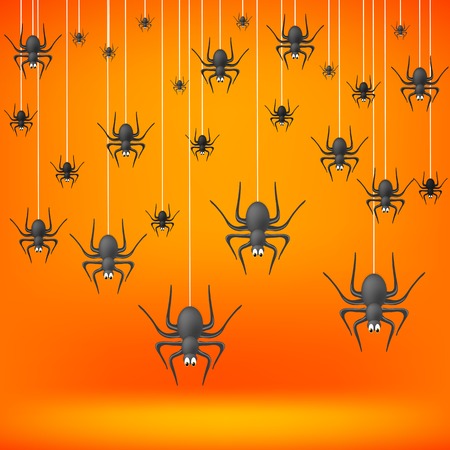 Set od Grey Spiders Fall Down on Soft Orange Background. Symbols of Halloween.のイラスト素材