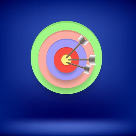 Arrow Hit Right on Target. Target Concept on Blue Background. Achieving  Goalのイラスト素材