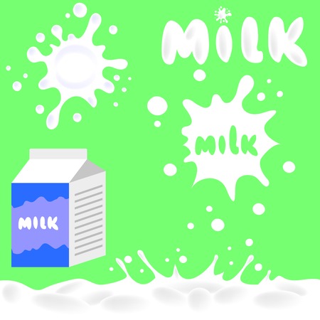 Milk Box and Milk Blots Isolated on Green Backgroundのイラスト素材