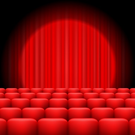 Red Curtains with Spotlight and Seats. Classic Cinema with Red Chairsのイラスト素材