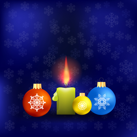 Candle and Colorful Glass Balls Isolated on Blue Snowflakes Background. Winter Pattern.のイラスト素材