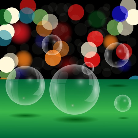 Soap Bubbles on Blurred Lights Background. Green Table and Transparent Bubblesのイラスト素材