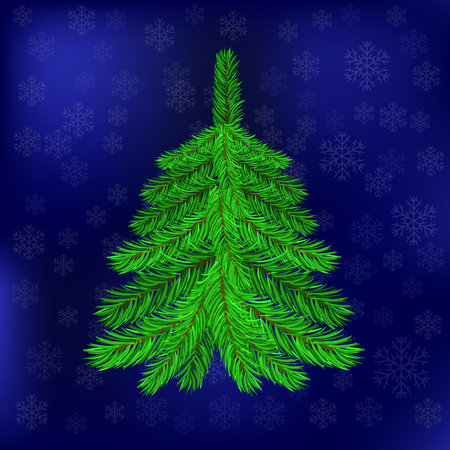 Green Fir on Blue Snowflakes Background. Christmas Blue Night Sky. Symbol of Christmasのイラスト素材