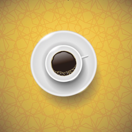 Cup of Coffee on Yellow Ornamental Background. Top View.のイラスト素材