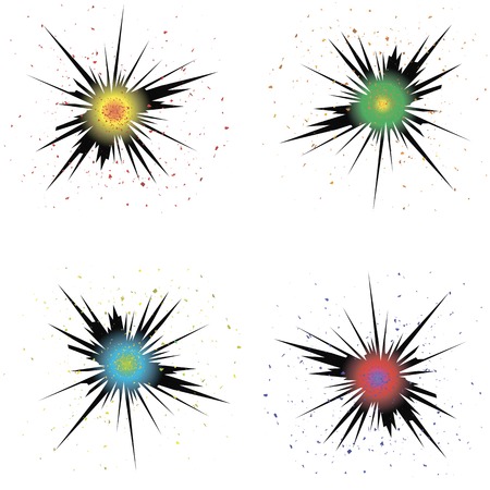 Set of Colorful Bursts. Explode Flash, Cartoon Explosion Effect with Smoke. Bomb Comic. Star Explosion with Particles Isolated on White Backgroundのイラスト素材