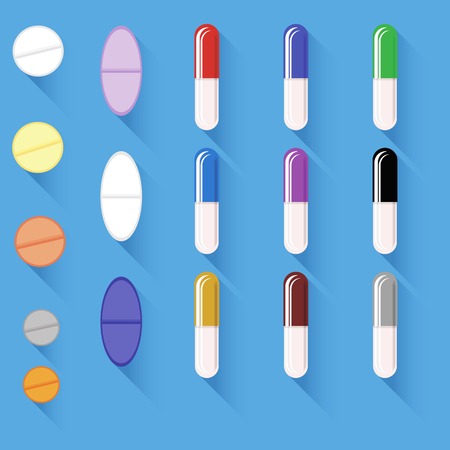 Set of Different Colorful Pills Isolated on Blue Background. Long Shadow. Flat Design.のイラスト素材
