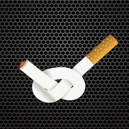Single Cigarette Knotted and Isolated on Steel Grid Background. Health Care Concept.のイラスト素材