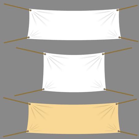 Textile Banners with Copy Space Suspended by Ropes by all Four Corners and Stretched Tight Hanging. White Vinyl Banners is Waving. Various Empty Promotional Banners.のイラスト素材
