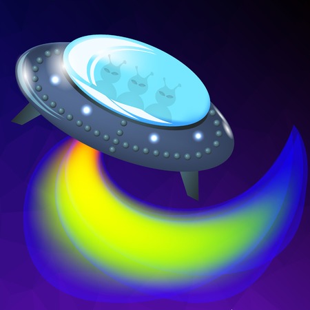 Spaceship is Fluing. UFO Isolated on Blue Polygonal Background.  Aircraft and Visitors Flying on Sky.のイラスト素材
