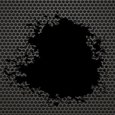 Metallic Grid Perforated Background. Black Splatters. Grey Metal Circle Patternのイラスト素材