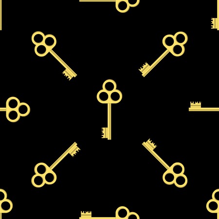 Yellow Keys Isolated on Black Background. Seamless Gold Key Patternのイラスト素材